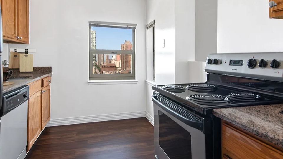 Galley kitchen at 100 W Chestnut in Chicago featuring wood cabinetry, granite countertops, stainless steel appliances, and a window with skyline view