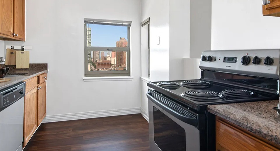 Galley kitchen at 100 W Chestnut in Chicago featuring wood cabinetry, granite countertops, stainless steel appliances, and a window with skyline view
