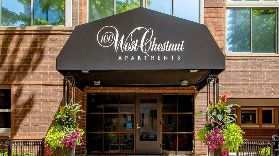 Welcoming entrance at 100 W Chestnut Apartments in Chicago showcasing the black canopy, brick facade, planters with flowers, and secure glass doors