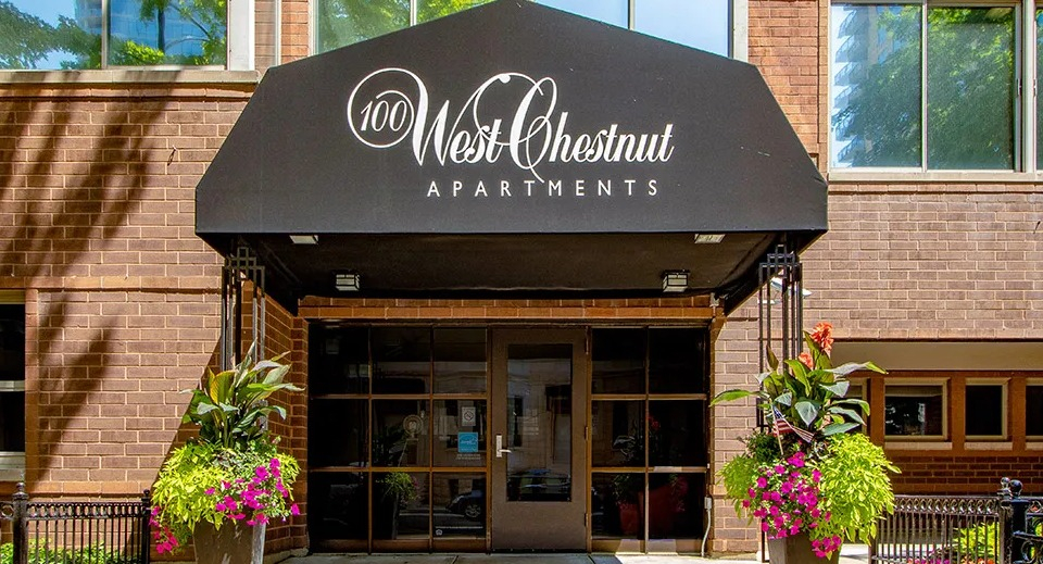 Welcoming entrance at 100 W Chestnut Apartments in Chicago showcasing the black canopy, brick facade, planters with flowers, and secure glass doors