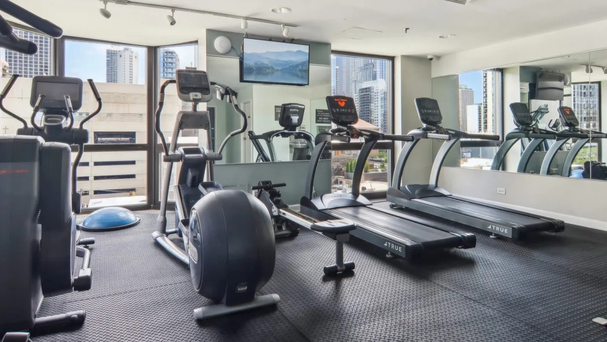 Fitness center at 1000 N LaSalle in Chicago with treadmills, ellipticals, wall mirrors, TV, and large windows showcasing inspiring city skyline views