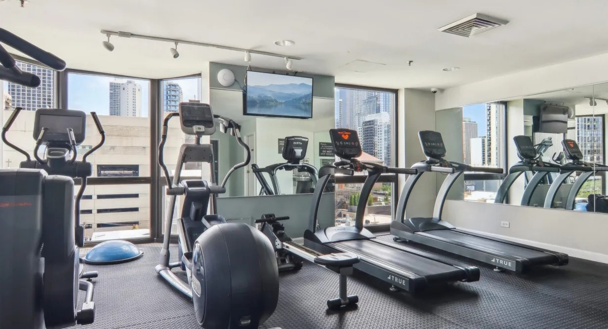Fitness center at 1000 N LaSalle in Chicago with treadmills, ellipticals, wall mirrors, TV, and large windows showcasing inspiring city skyline views
