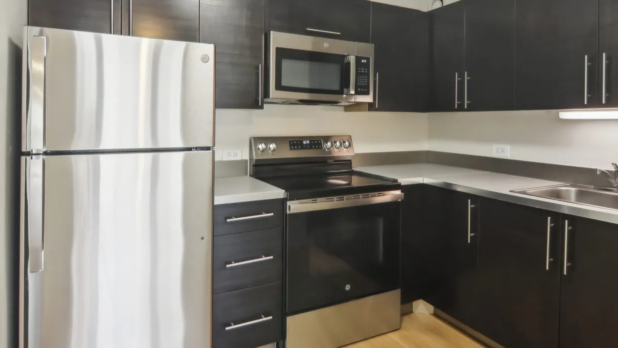 Modern kitchen at 1000 N LaSalle in Chicago with dark flat-panel cabinets, stainless steel appliances, L-shaped countertops, and wood-style flooring