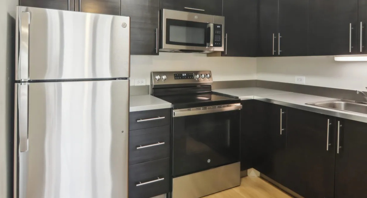 Modern kitchen at 1000 N LaSalle in Chicago with dark flat-panel cabinets, stainless steel appliances, L-shaped countertops, and wood-style flooring