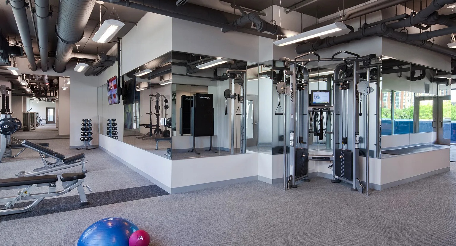 Spacious fitness center with strength machines, mirrored walls, and large windows at 1000 South Clark apartments in Chicago