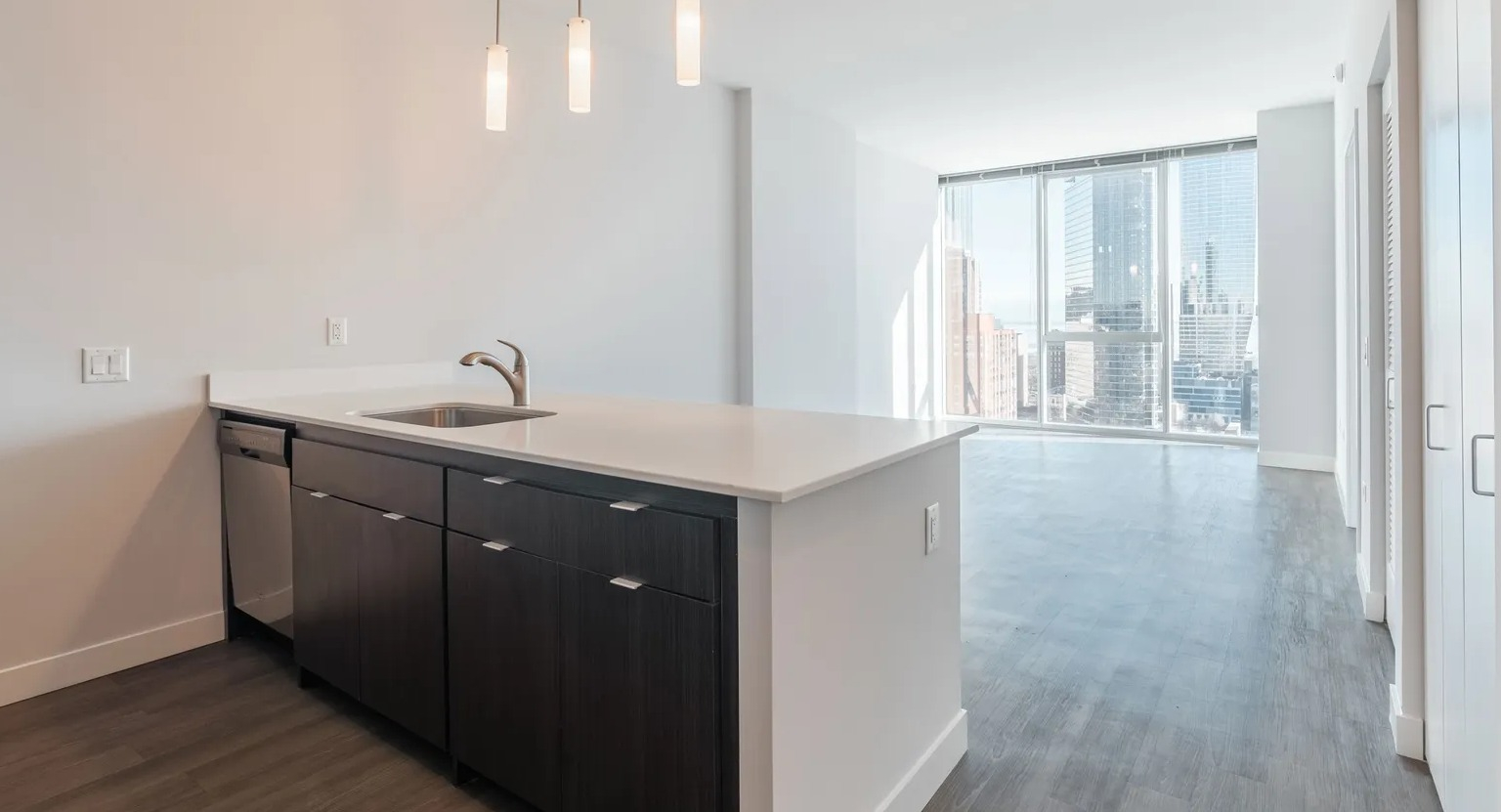 Sleek modern kitchen with dark cabinetry, pendant lighting, and open layout leading to floor-to-ceiling windows at 1000 South Clark in Chicago