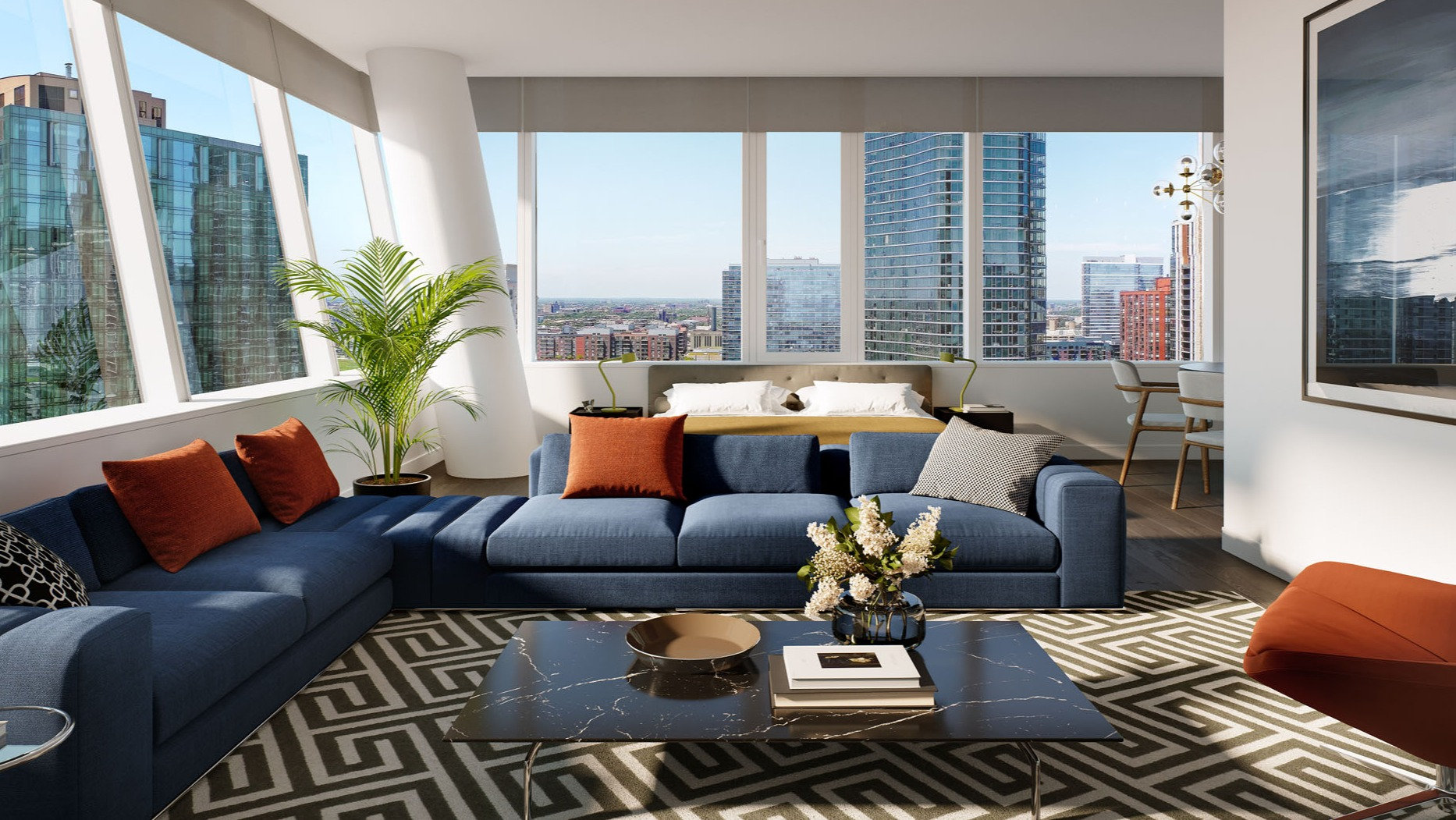 Modern corner living room with blue sectional, orange accents, large windows, and expansive Chicago skyline views at 1000M Apartments