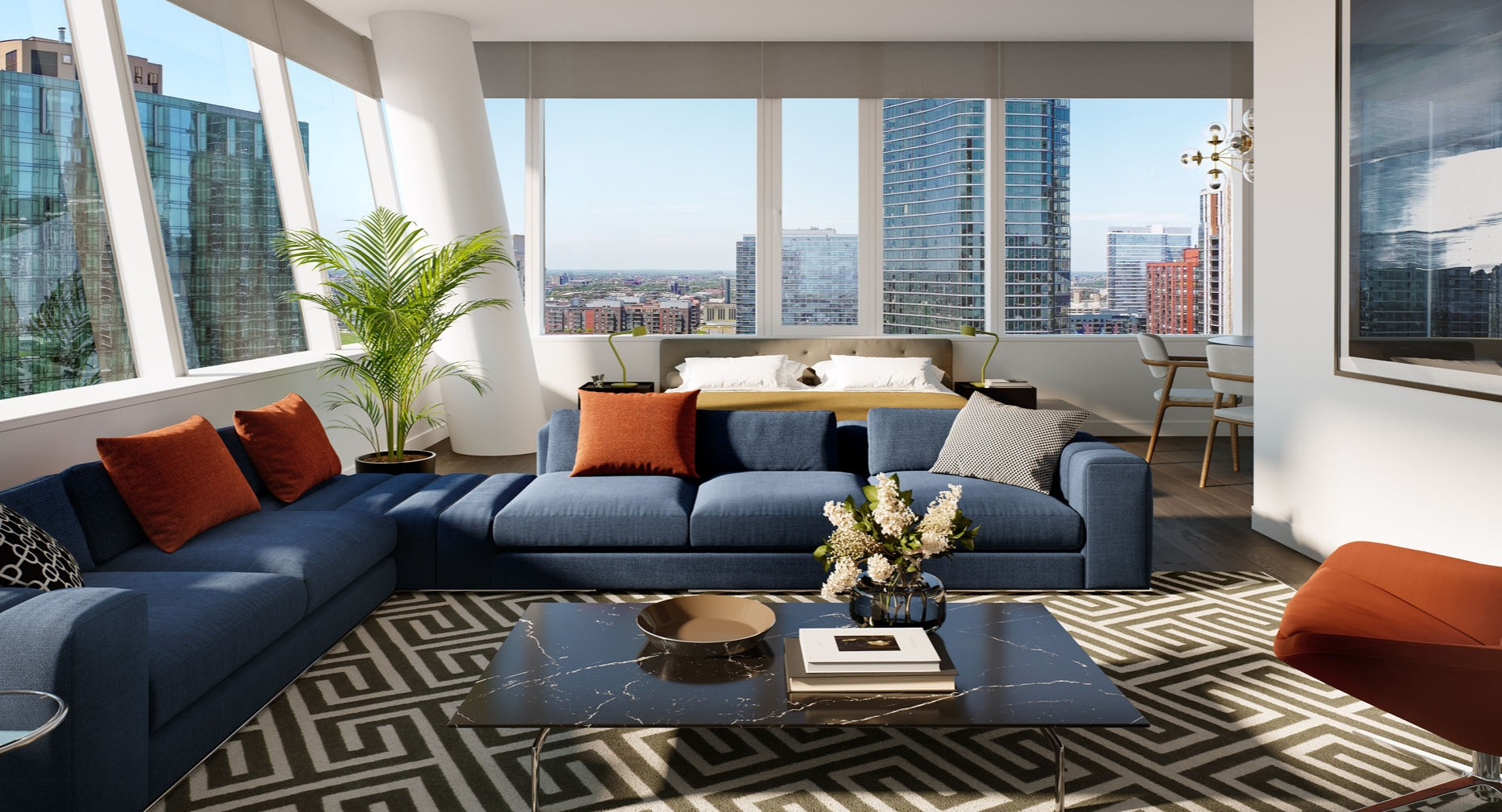 Modern corner living room with blue sectional, orange accents, large windows, and expansive Chicago skyline views at 1000M Apartments