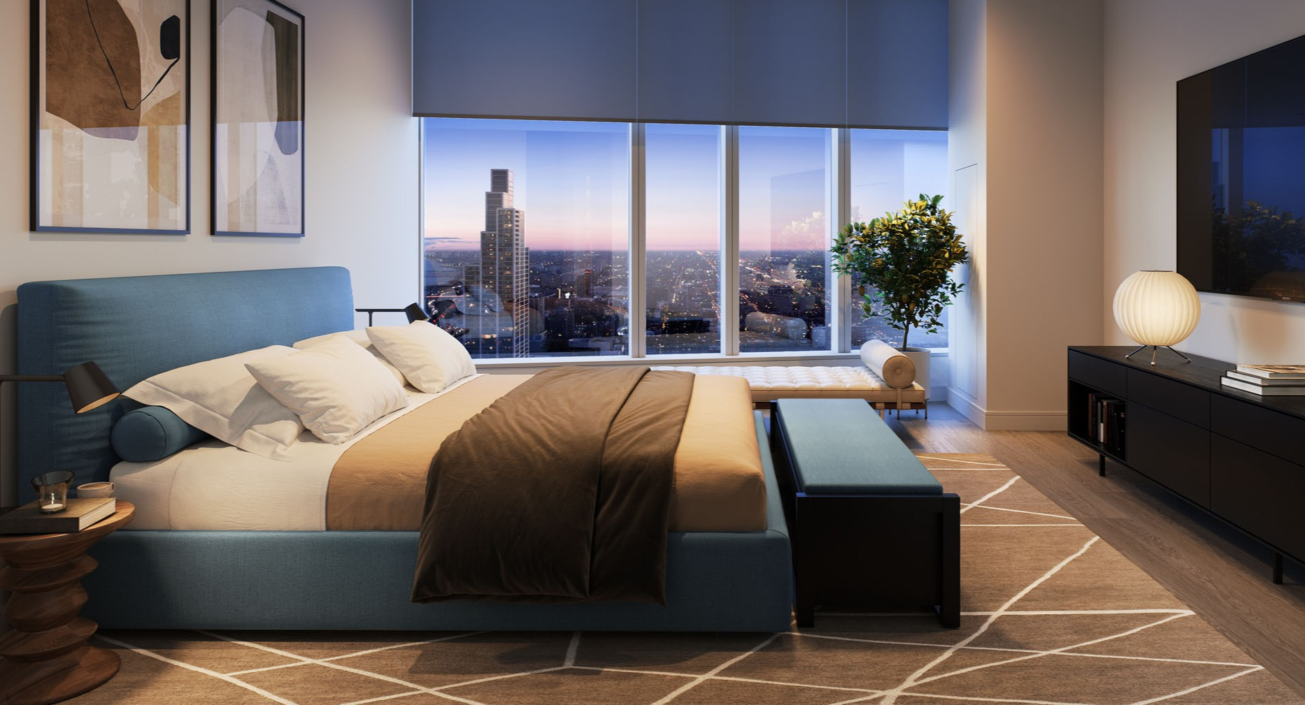 Modern bedroom with blue bed, large TV, and floor-to-ceiling windows overlooking Chicago at 1000M Apartments