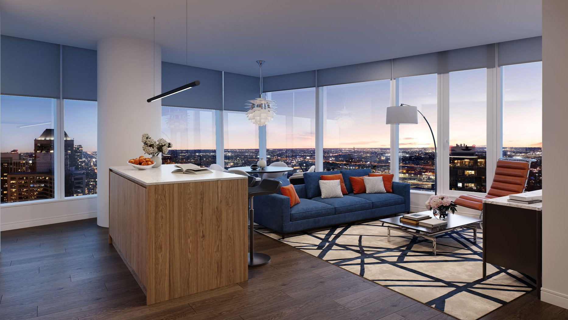 Stylish living room with blue sofa, modern rug, and skyline views through floor-to-ceiling windows at 1000M Apartments in Chicago