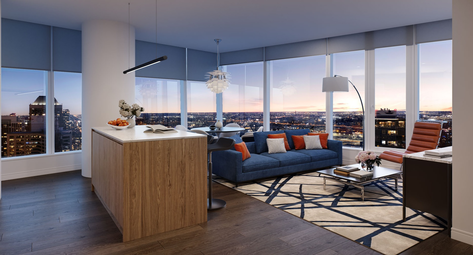 Stylish living room with blue sofa, modern rug, and skyline views through floor-to-ceiling windows at 1000M Apartments in Chicago