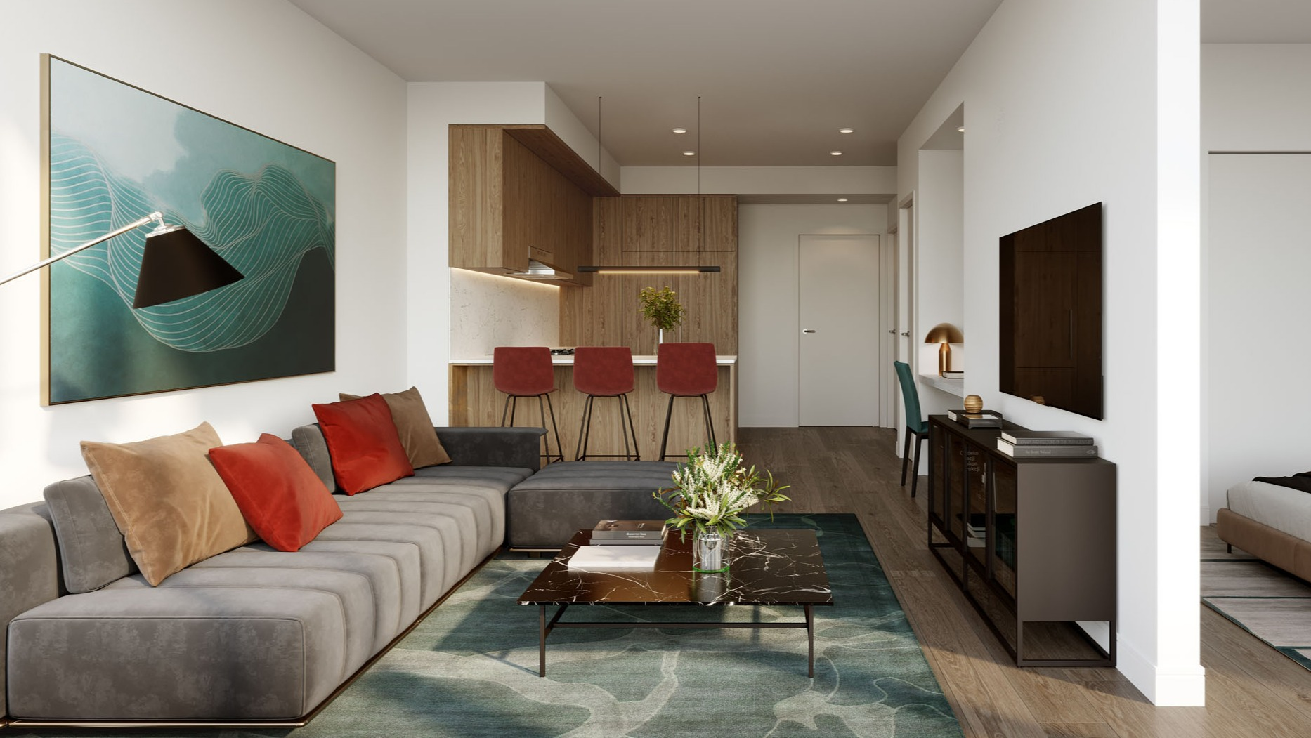 Contemporary open-concept apartment with sleek kitchen, spacious living area, and separated sleeping nook at 1000M Apartments in Chicago