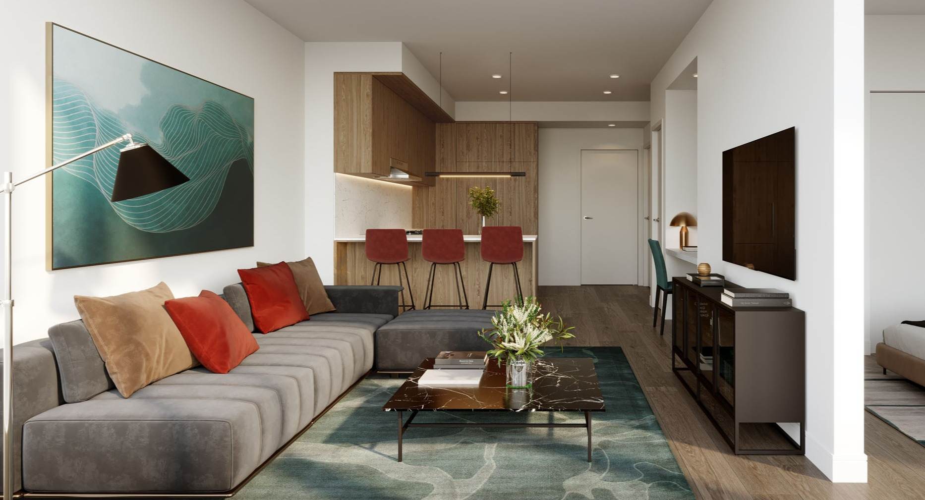 Contemporary open-concept apartment with sleek kitchen, spacious living area, and separated sleeping nook at 1000M Apartments in Chicago