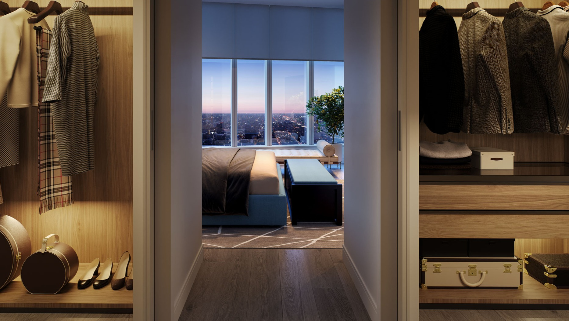 Walk-in closet with wood shelving leading to modern bedroom with large windows at 1000M Apartments in Chicago