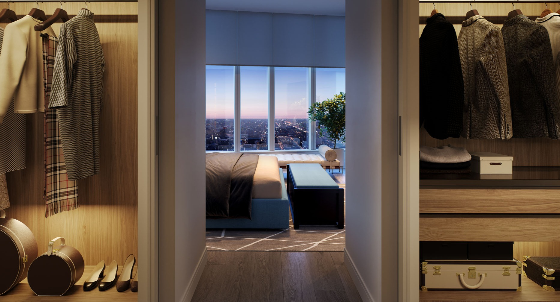 Walk-in closet with wood shelving leading to modern bedroom with large windows at 1000M Apartments in Chicago
