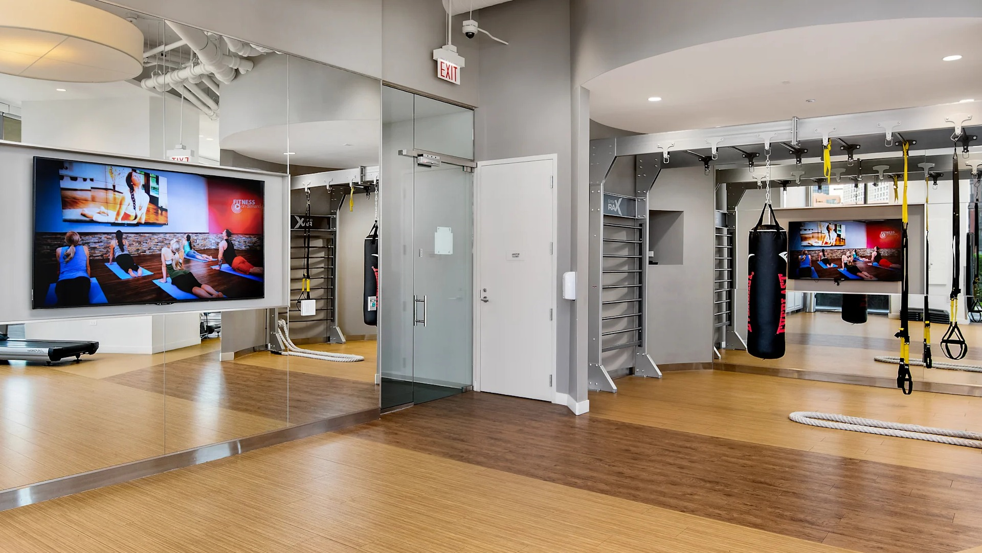Modern fitness center with mirrored walls, training equipment, and spacious workout area at 1001 South State apartments in Chicago