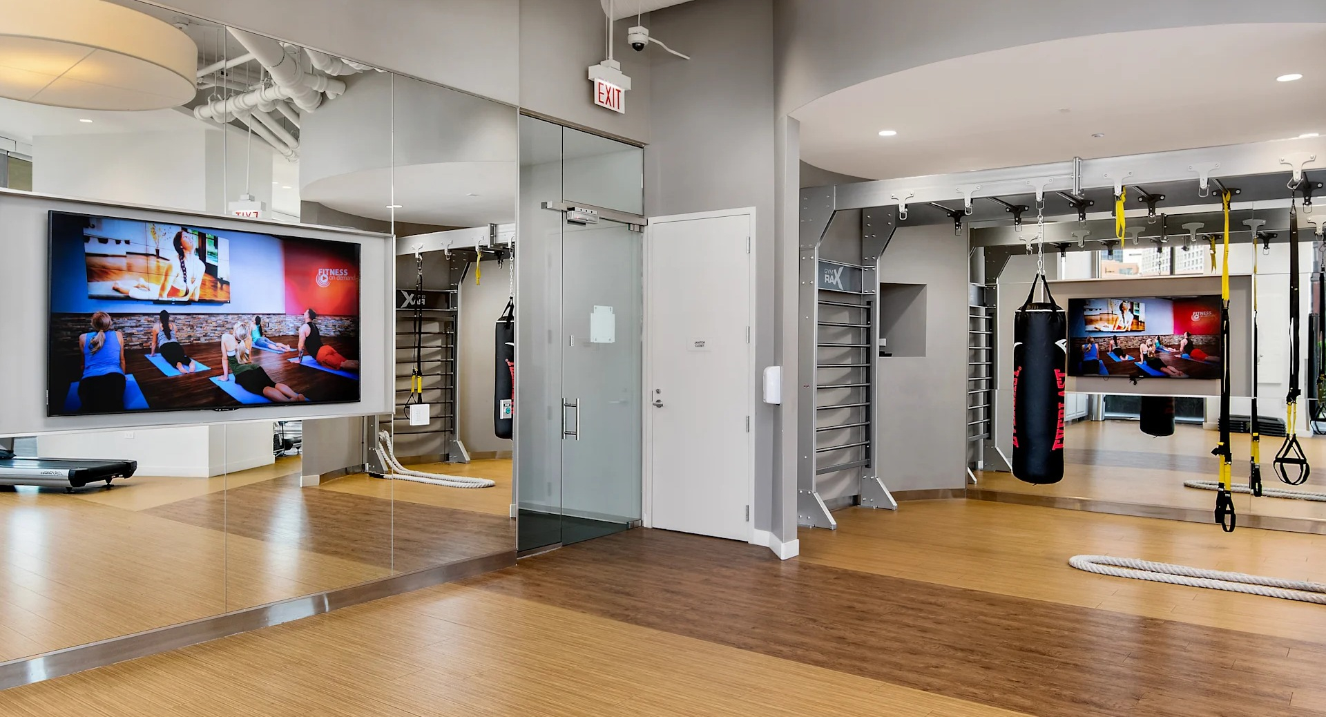 Modern fitness center with mirrored walls, training equipment, and spacious workout area at 1001 South State apartments in Chicago