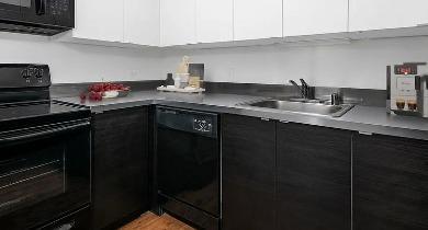 Compact modern kitchen with black appliances, sleek countertops, and wood flooring at 1100 North Dearborn apartments in Chicago