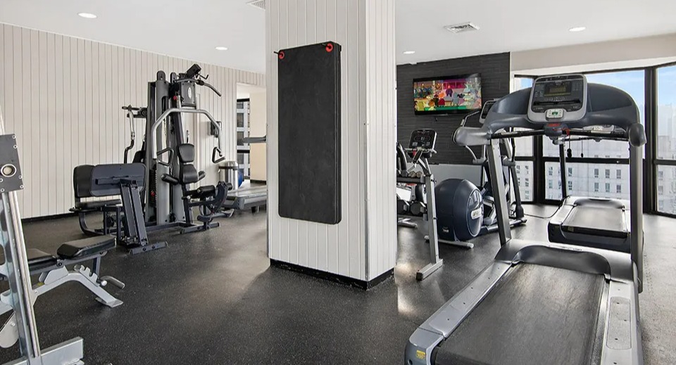 Bright fitness center at 1111 N Dearborn in Chicago featuring treadmills, weight machines, and large windows—ideal for residents seeking an on-site gym
