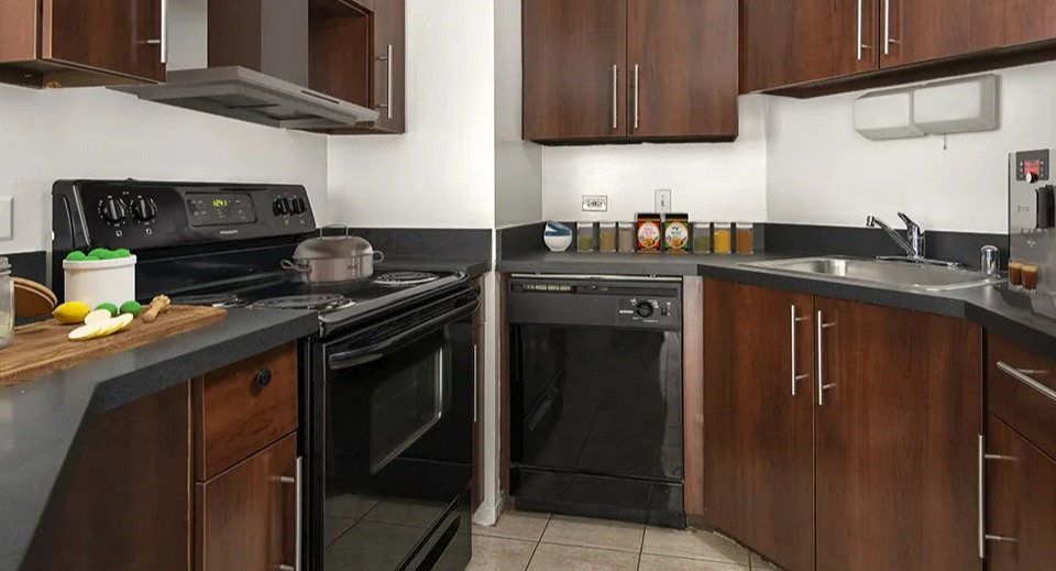 U-shaped kitchen at 1111 N Dearborn with dark wood cabinets, black appliances, and ample counter space—convenient cooking layout in a Chicago apartment