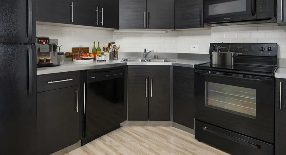 U-shaped kitchen with black cabinets, stainless pulls, and modern black appliances at 1120 N LaSalle apartments in Chicago