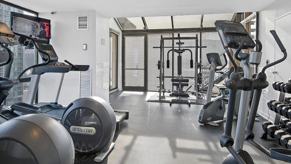 Fitness center with ellipticals, treadmills, free weights, and strength machines at 1120 N LaSalle apartments in Chicago