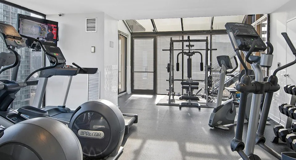 Fitness center with ellipticals, treadmills, free weights, and strength machines at 1120 N LaSalle apartments in Chicago