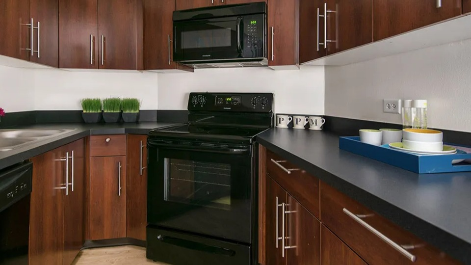 U-shaped kitchen with warm wood cabinets, black countertops, and black appliances at 1120 N LaSalle apartments in Chicago