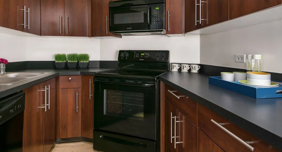 U-shaped kitchen with warm wood cabinets, black countertops, and black appliances at 1120 N LaSalle apartments in Chicago