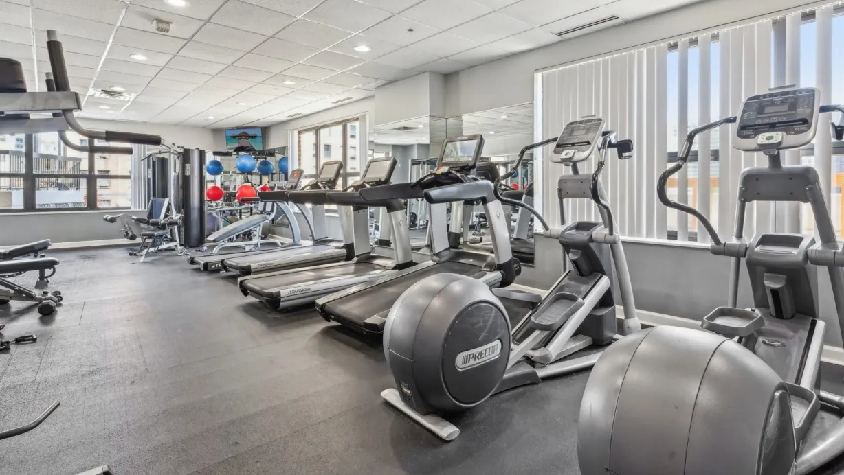 Bright fitness center featuring treadmills, ellipticals, strength machines, free weights, and mirrored walls at 1133 N Dearborn apartments in Chicago