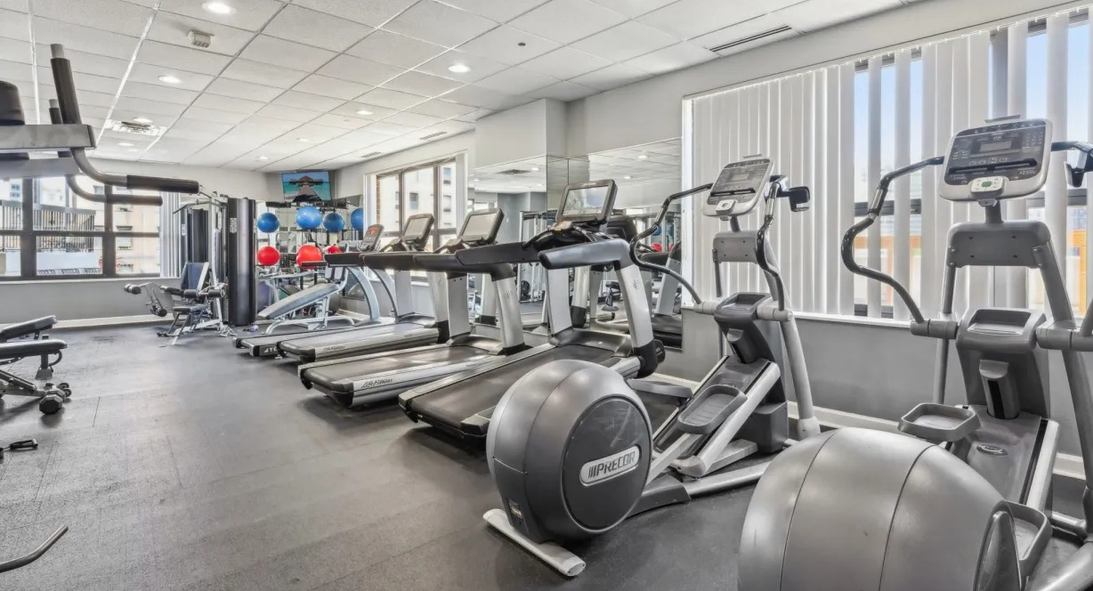 Bright fitness center featuring treadmills, ellipticals, strength machines, free weights, and mirrored walls at 1133 N Dearborn apartments in Chicago