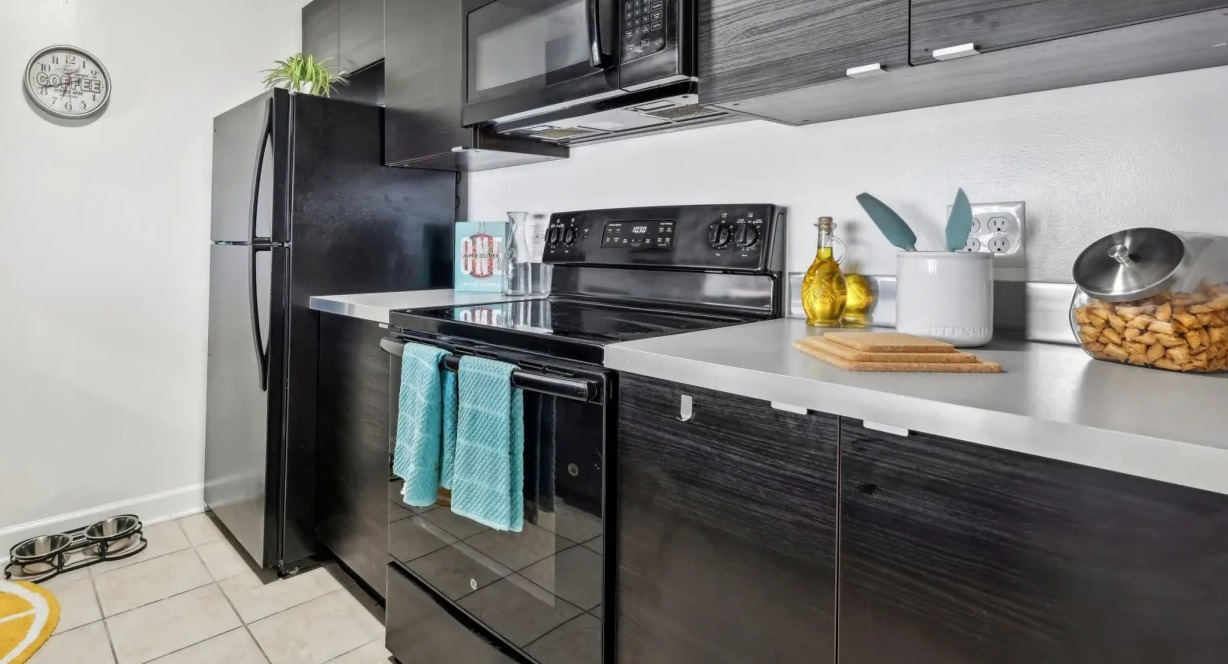 Contemporary kitchen featuring dark wood-look cabinets, black appliances, light countertops, and tiled floor at 1133 N Dearborn apartments in Chicago
