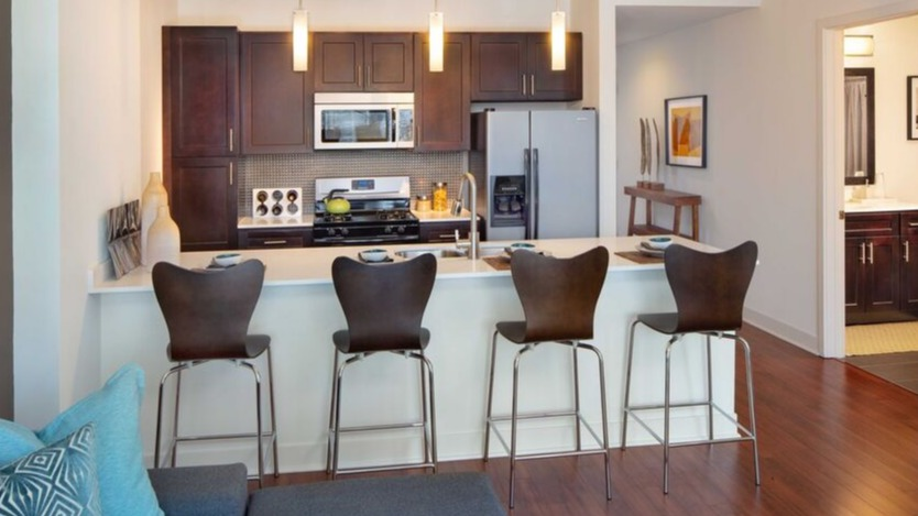 Modern kitchen with breakfast bar, dark cabinets, stainless appliances, and pendant lighting at 1225 Old Town Apartments in Chicago