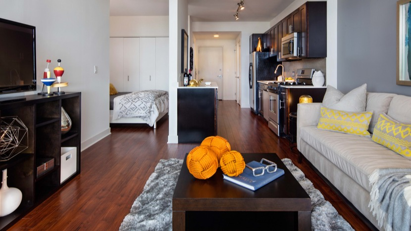 Spacious studio living area with plush rug, sofa, and open kitchen leading to a sleeping nook at 1225 Old Town Apartments in Chicago