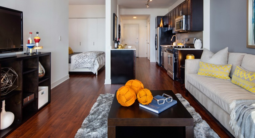 Spacious studio living area with plush rug, sofa, and open kitchen leading to a sleeping nook at 1225 Old Town Apartments in Chicago