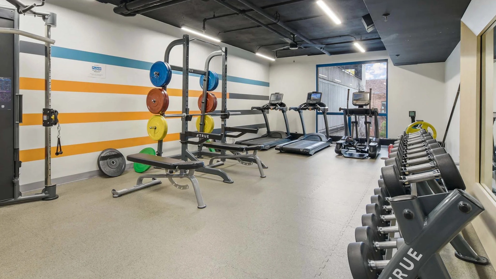 Modern fitness center at 1250 LaSalle in Chicago featuring weight racks, benches, cable machine, treadmills, and cardio equipment under bright lighting