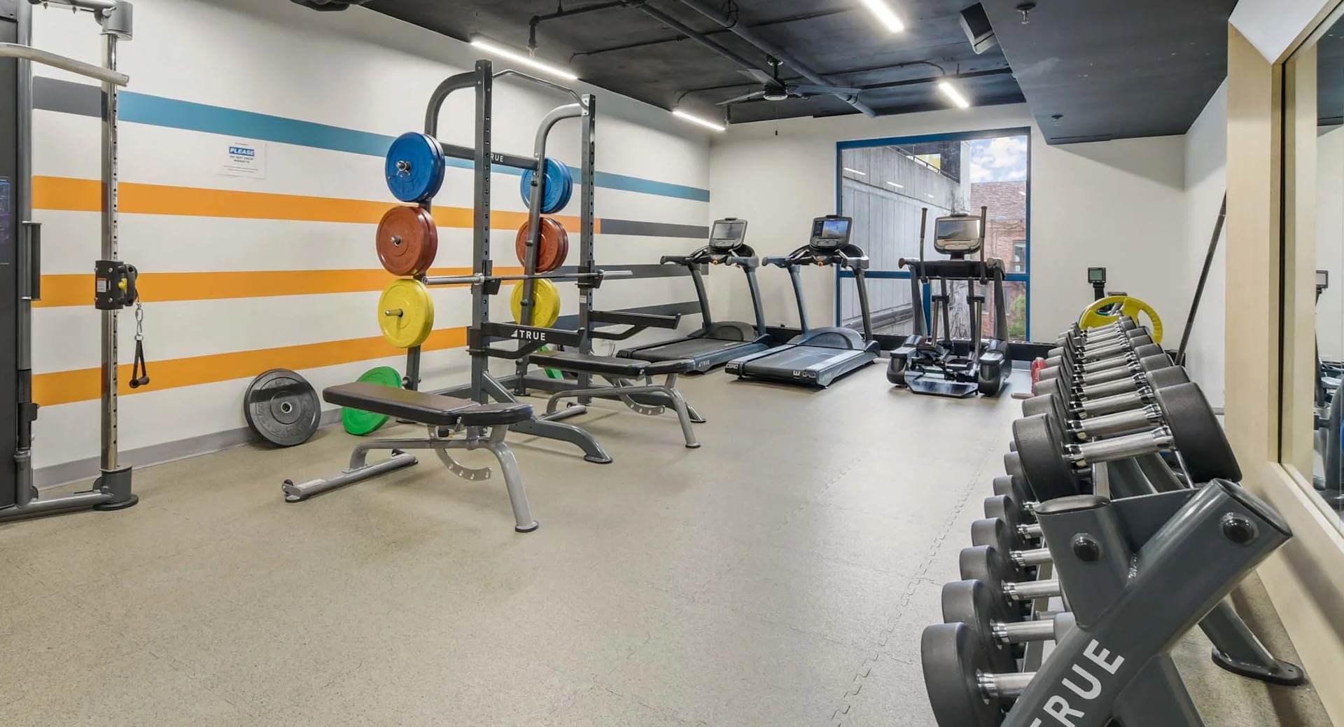 Modern fitness center at 1250 LaSalle in Chicago featuring weight racks, benches, cable machine, treadmills, and cardio equipment under bright lighting