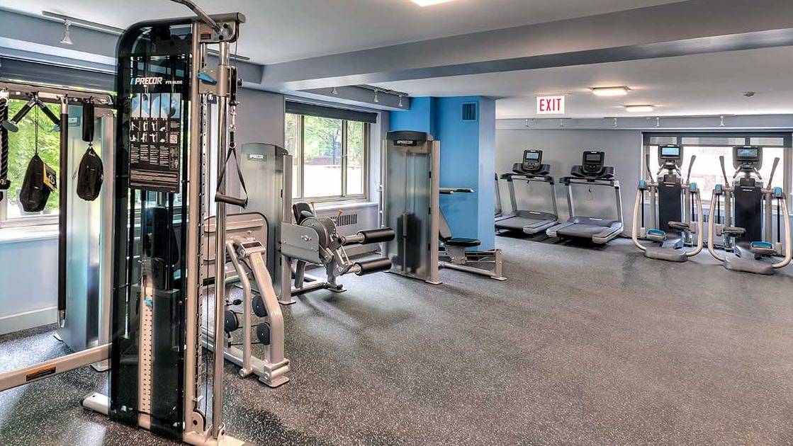 Modern fitness center featuring Precor strength machines and treadmills with window views at 1350-1360 Lake Shore Drive apartments in Chicago