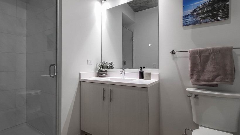 Modern bathroom with a glass walk-in shower, large quartz vanity, wide mirror, and wood flooring at 1400 Wabash apartments in Chicago