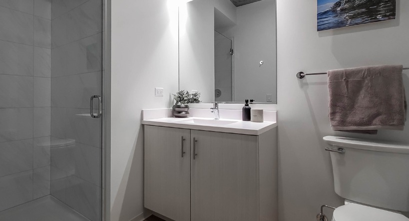 Modern bathroom with a glass walk-in shower, large quartz vanity, wide mirror, and wood flooring at 1400 Wabash apartments in Chicago