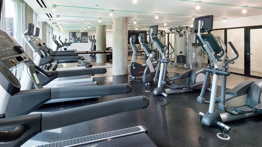 Extensive cardio gym at 1401 S. State Apartments in Chicago, featuring numerous treadmills, ellipticals, and strength machines