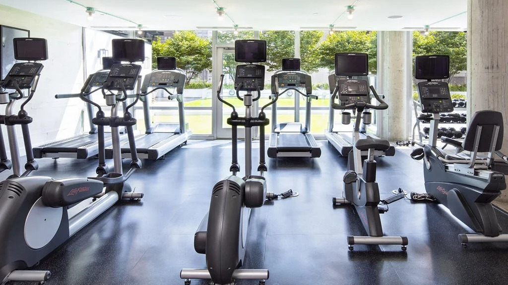 State-of-the-art fitness center at 1401 S. State Apartments in Chicago, featuring a variety of cardio machines and views of greenery