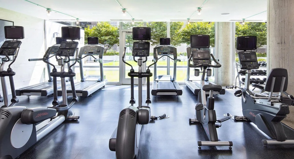 State-of-the-art fitness center at 1401 S. State Apartments in Chicago, featuring a variety of cardio machines and views of greenery