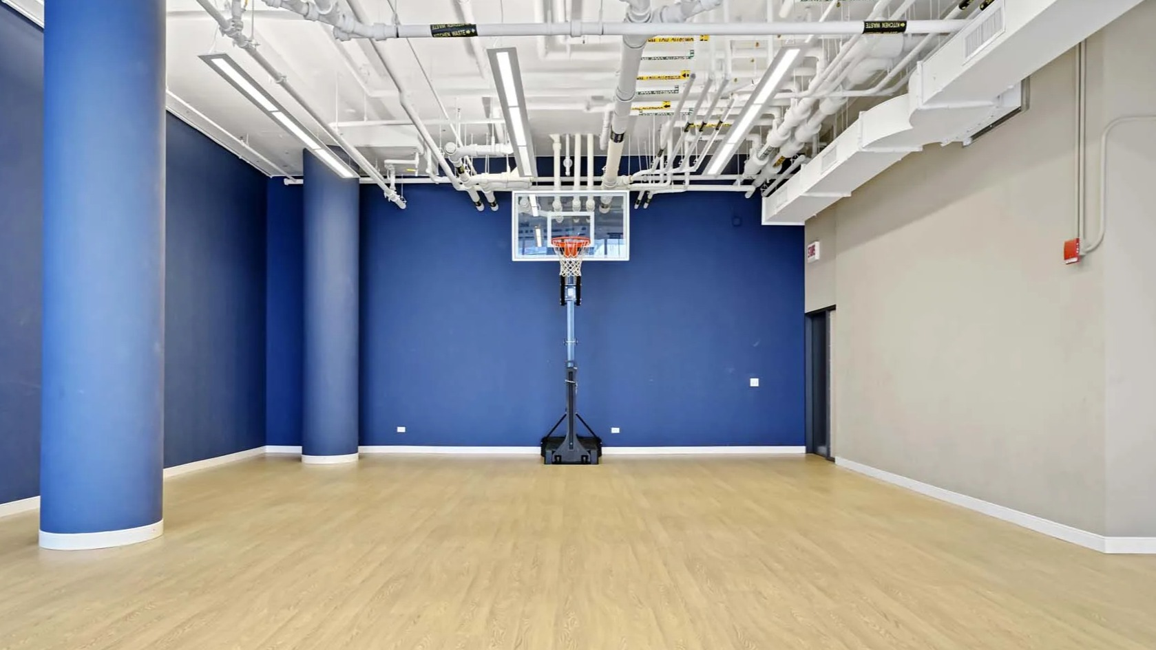 Multipurpose fitness studio with wood floors, blue accent walls, and an indoor basketball hoop at 1407 on Michigan apartments in Chicago