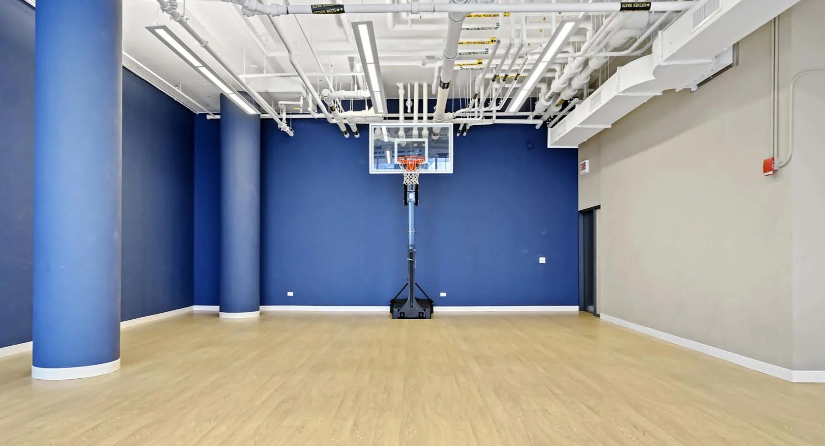 Multipurpose fitness studio with wood floors, blue accent walls, and an indoor basketball hoop at 1407 on Michigan apartments in Chicago