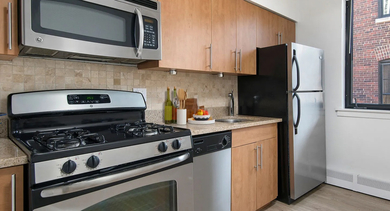 Modern kitchen with maple cabinets, granite counters, gas range, microwave, dishwasher, and stainless fridge at 20 E Scott apartments in Chicago