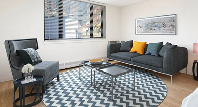 Studio living area with sofa, accent chair, chevron round rug, and a wide window bringing natural light at 20 E Scott apartments in Chicago