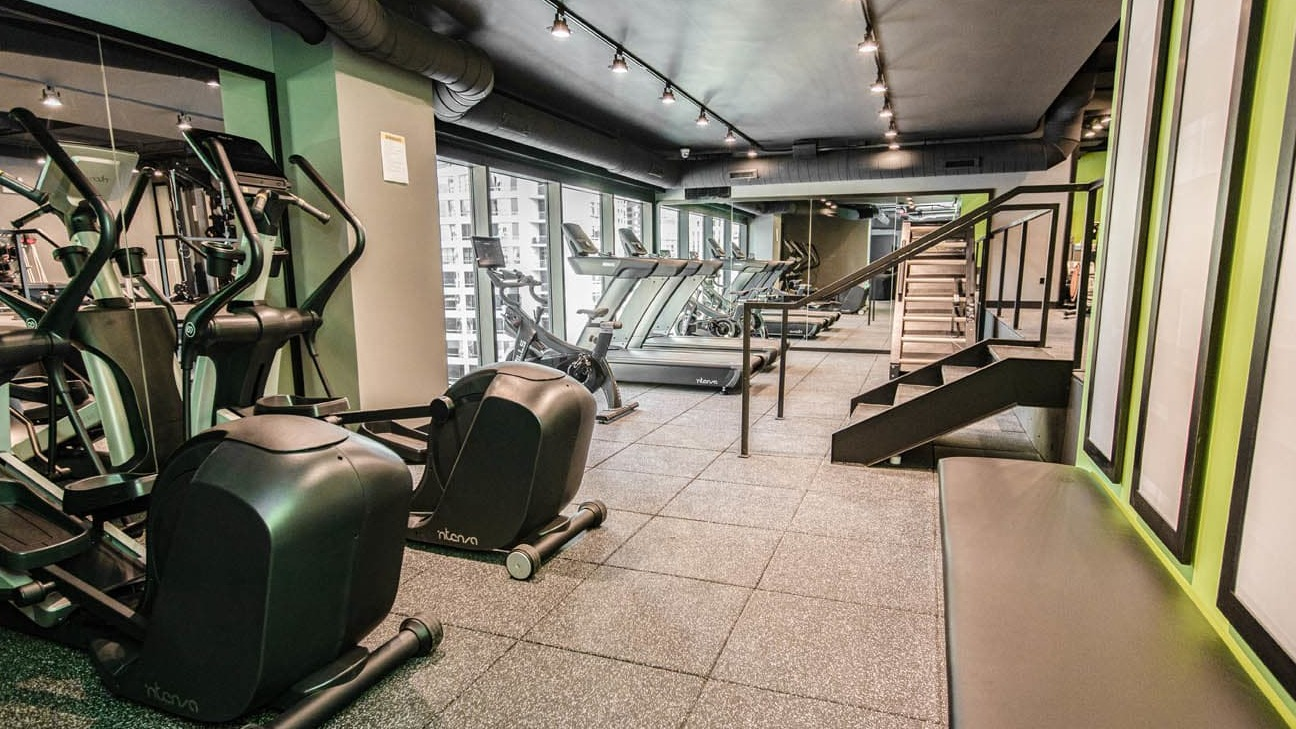 Two-level fitness center with ellipticals, treadmills, and training zones overlooking city views at 21 E Chestnut apartments in Chicago