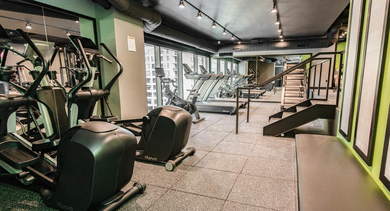 Two-level fitness center with ellipticals, treadmills, and training zones overlooking city views at 21 E Chestnut apartments in Chicago