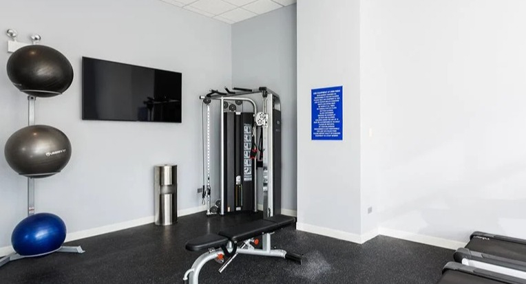 Fitness studio featuring a cable machine, stability balls, bench, and wall-mounted TV at 2101 South Michigan Apartments in Chicago, ideal for strength training workouts